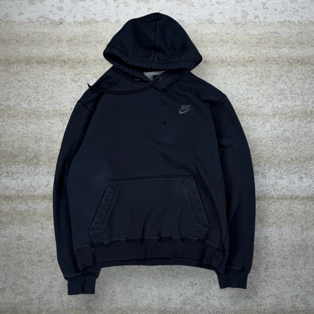 Vintage Y2K Nike Hoodie Mens M Jet Black Cotton Pullover Subtle Swoosh